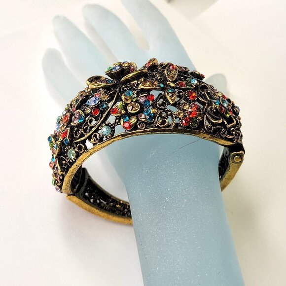 Floral Cuff Bracelet Gold Tone Multicolored Stone Cuff Bracelet- NEW - Picture 4 of 16